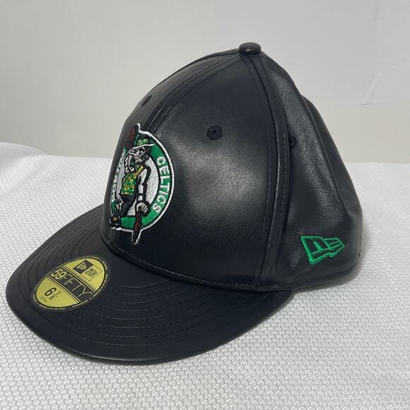 Boston Celtics Basketball New Era 59FIFTY Fitted Faux Leather NBA Hat Mens 6 7/8 - Picture 6 of 9